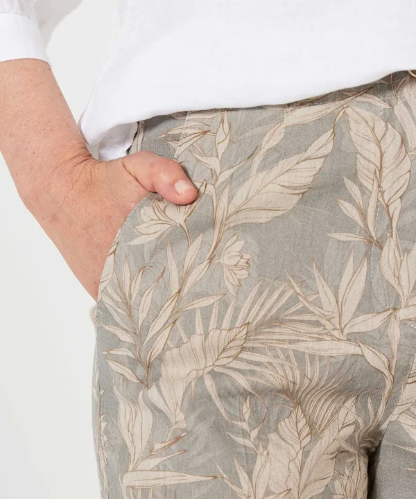 Linen Blend Cropped Pants Leaf Print Maine*Brax New