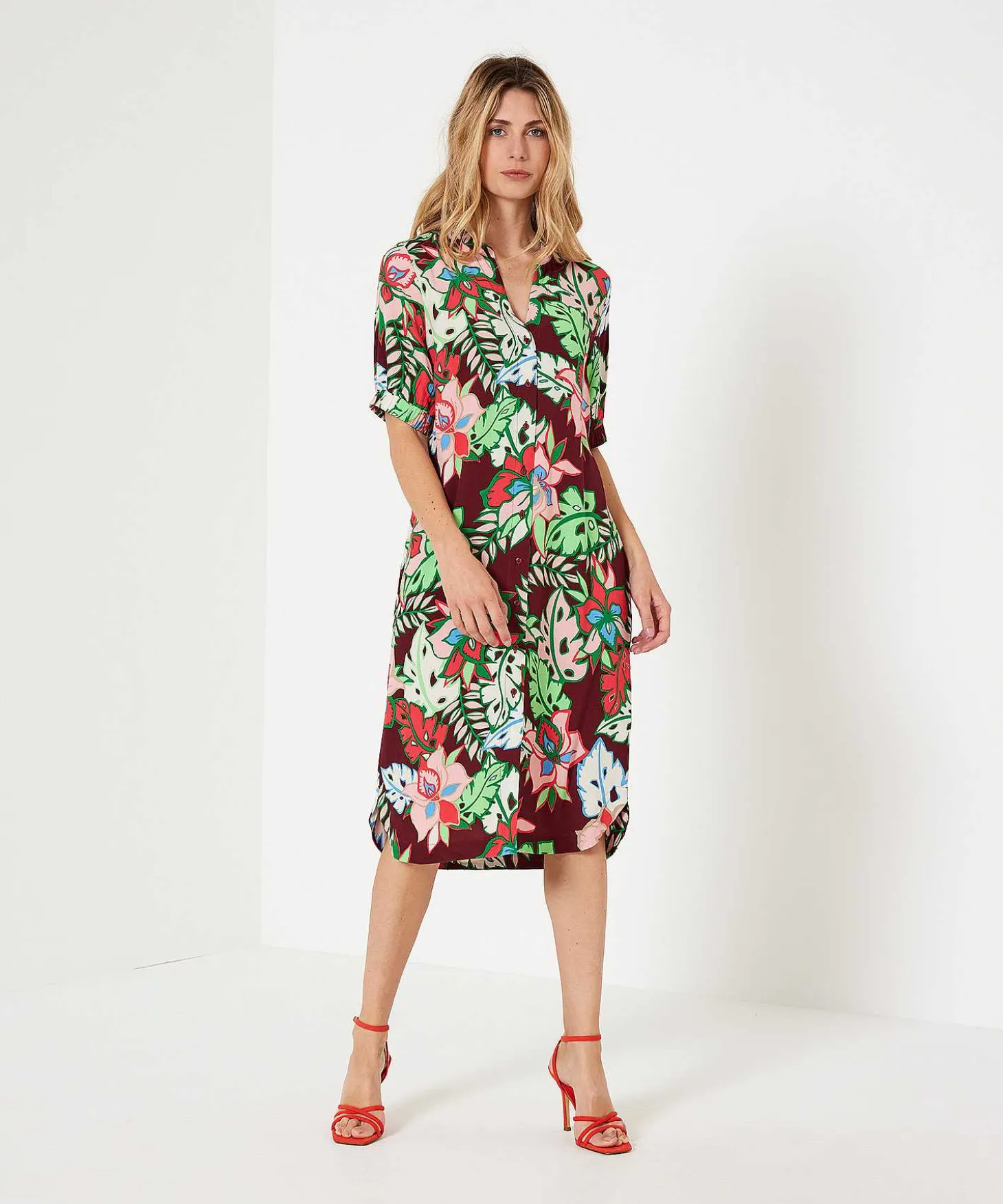 kyra_buttondown_dress_tro_0.webp Button-Down Dress Tropical Flower Marena*KYRA Cheap